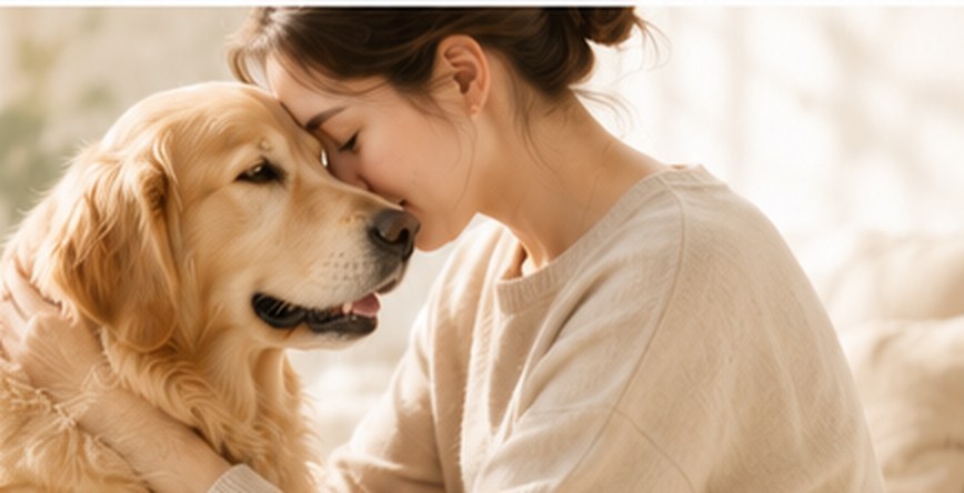 女主人輕擁金毛犬，因為牠是家人不是寵物
