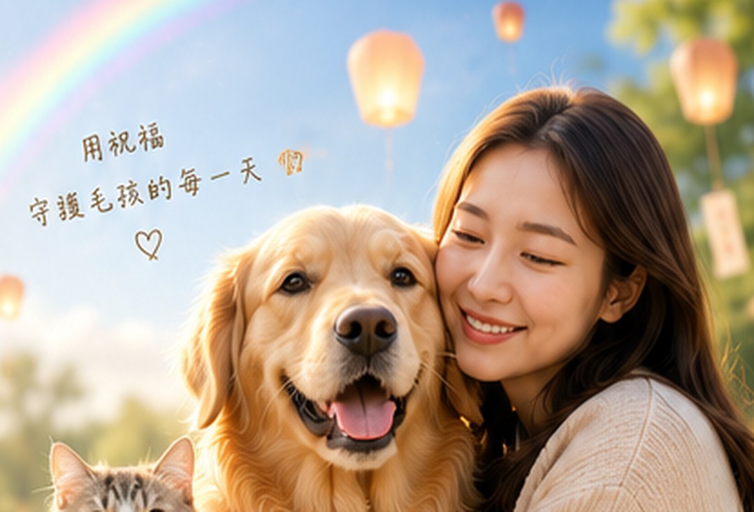 為毛孩祈福｜女主人擁抱毛孩，天空出現彩虹與天燈，象徵守護與祝福